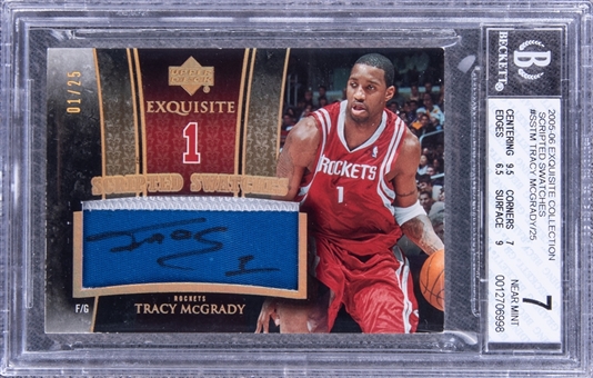 2005-06 UD "Exquisite Collection" Scripted Swatches #SSTM Tracy McGrady Signed Game Used Patch Card (#01/25) - BGS NM 7/BGS 10